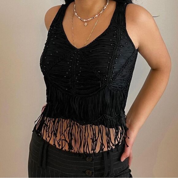 Vintage Tops - Vintage Jaguar Brand Fringe Tasseled Beaded Flapper Tank Top in Black size is XS